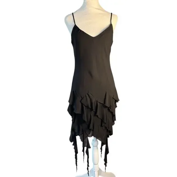 VTG Ruffle Asymmetrical Handkerchief Black Midi Dress Silky Fairy Whimsigoth Y2K - Picture 9 of 14